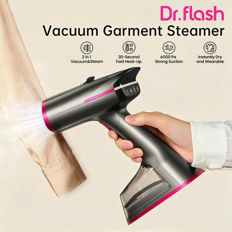 Dr.Flash vacuum garment steamer steaming a shirt, held in one hand