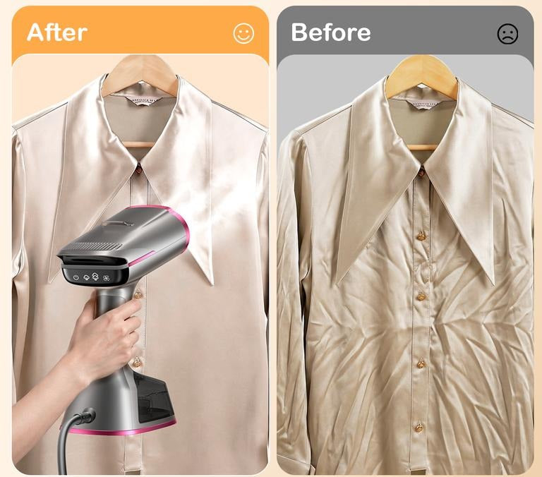 Satin shirt before steaming (wrinkled) and after a single pass with Dr.Flash (smooth)